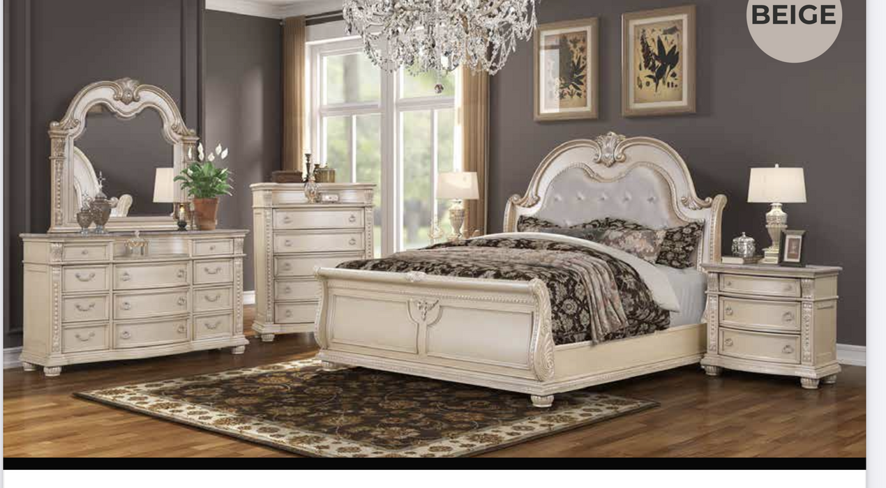 ROMA BEIGE KING BEDROOM SET 5 PCS (GALAXY) KING BED DRESSER MIRROR AND 2 N/S