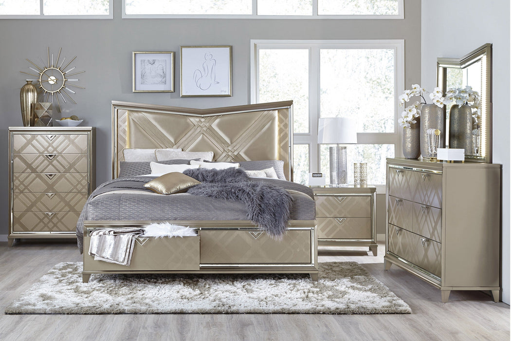 Bijou Champagne King LED Upholstered Storage Platform Bed