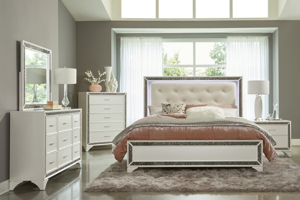 Salon White Queen LED Upholstered Panel Bed