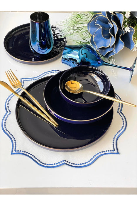 New Bone China Flat Dinner Set Navy Blue 24 Pieces Set for 6