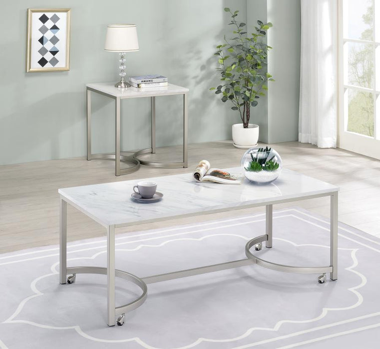 Faux Marble Square End Table White And Satin Nicke