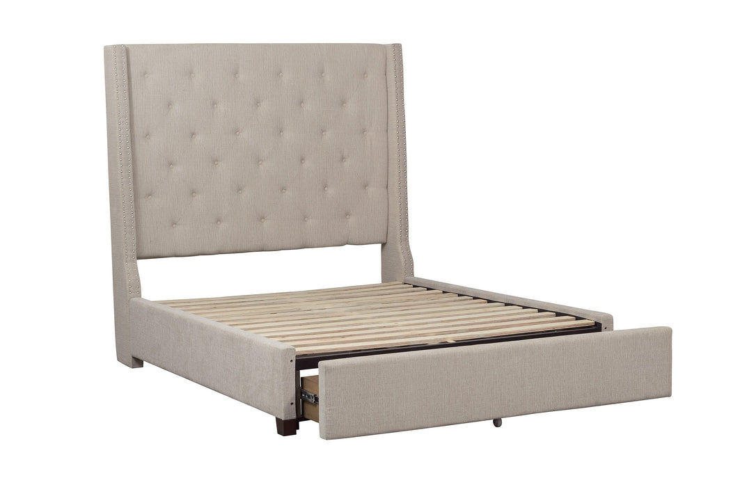 Fairborn Beige Queen Upholstered Storage Platform Bed