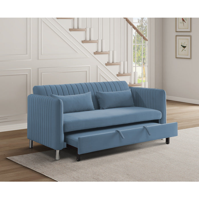 Greenway Blue Velvet Convertible Studio Sofa with Pull-out Bed