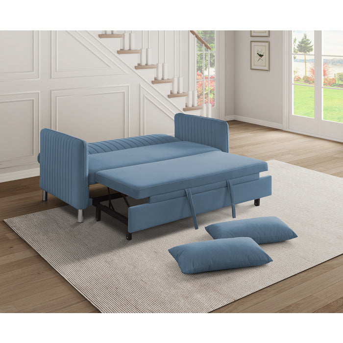 Greenway Blue Velvet Convertible Studio Sofa with Pull-out Bed