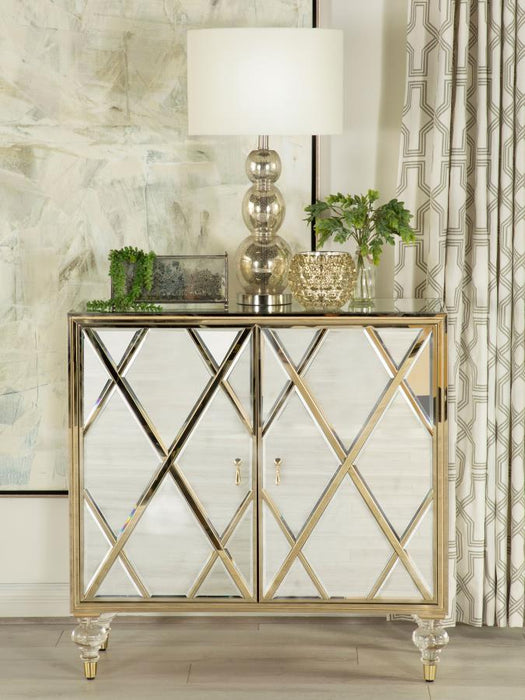 2-Door Accent Cabinet Mirror And Champagne With Diamond Shape