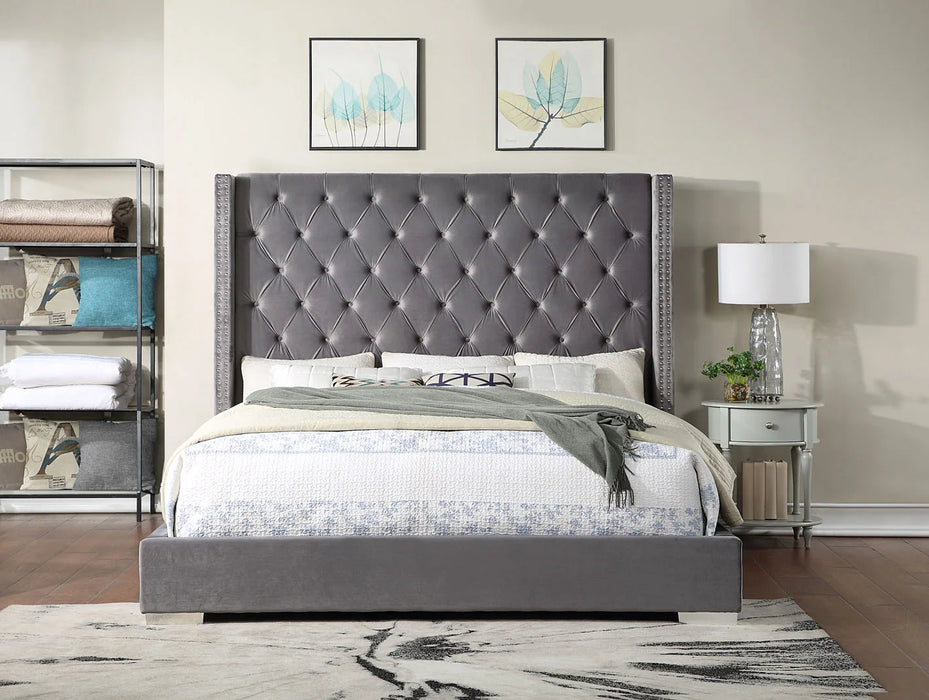 B0414 Queen Size Grey Velvet Bed