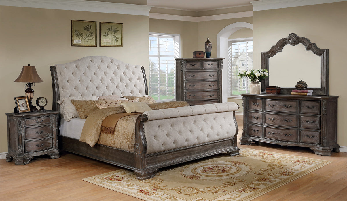 Sheffield Antique Gray King Upholstered Sleigh Bed