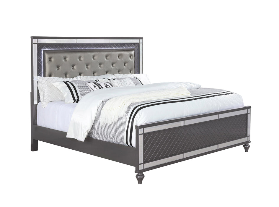 Refino Gray Queen LED Upholstered Panel Bed
