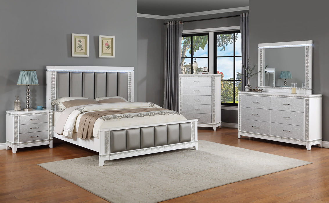 Ariane White/Silver King Upholstered Panel Bed