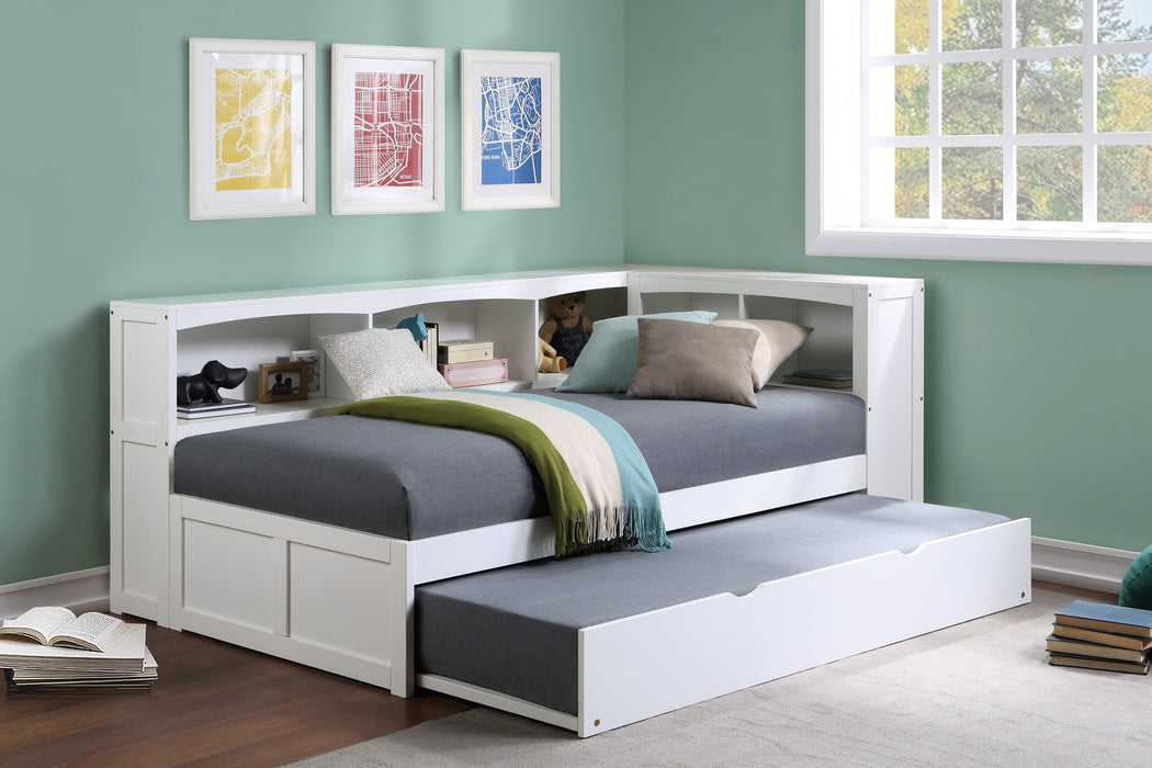 Galen White Twin Bookcase Corner Bed with Twin Trundle