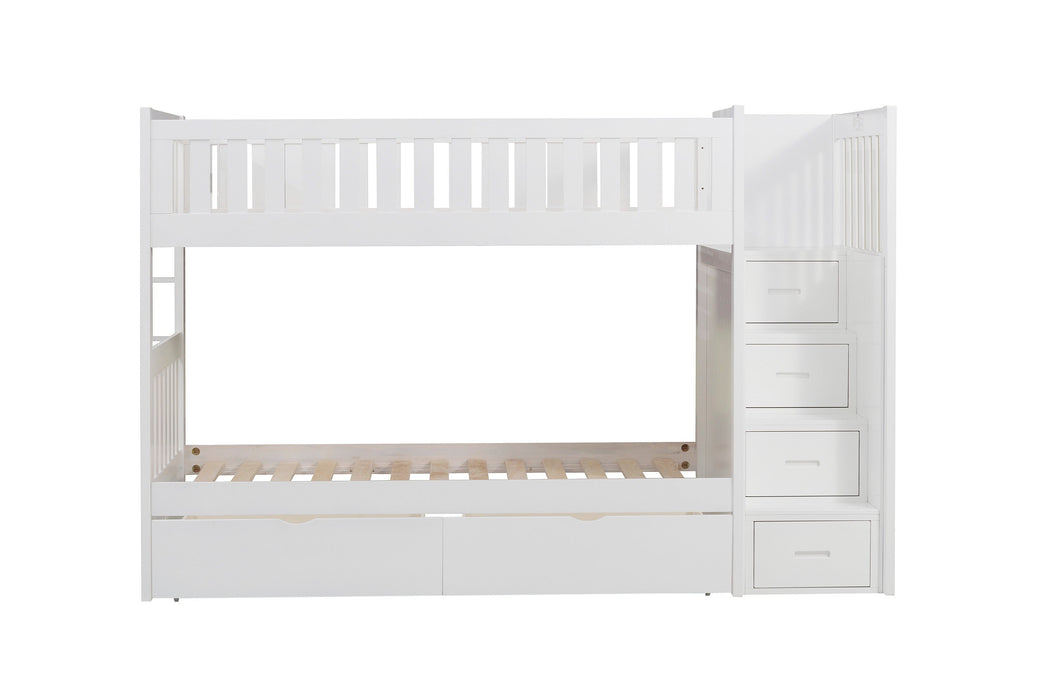 Galen White Twin/Twin Step Bunk Bed with Storage Boxes