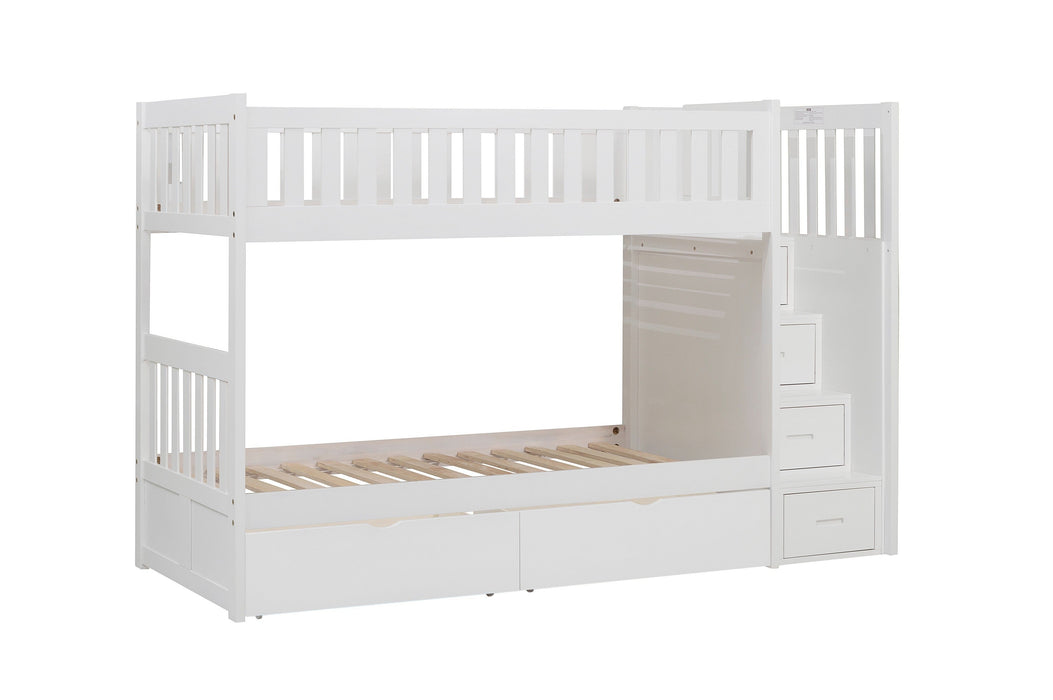 Galen White Twin/Twin Step Bunk Bed with Storage Boxes