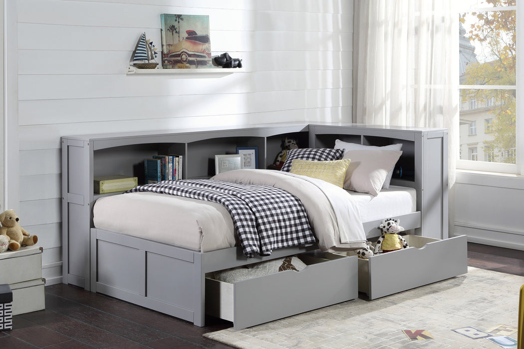 Orion Gray Twin Bookcase Corner Bed with Storage Boxes