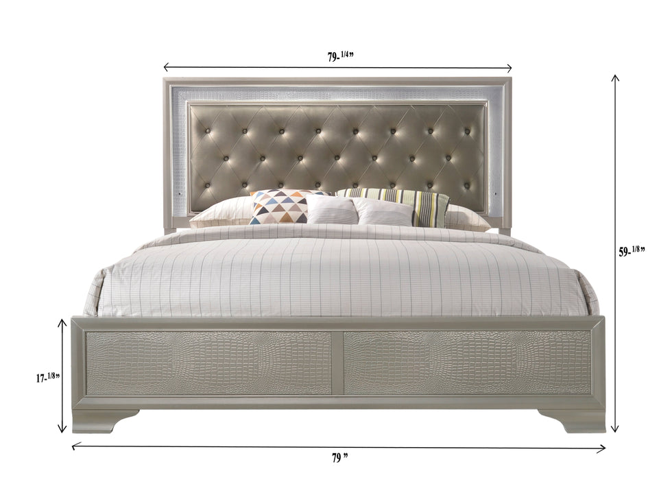 Lyssa Champagne King LED Upholstered Panel Bed