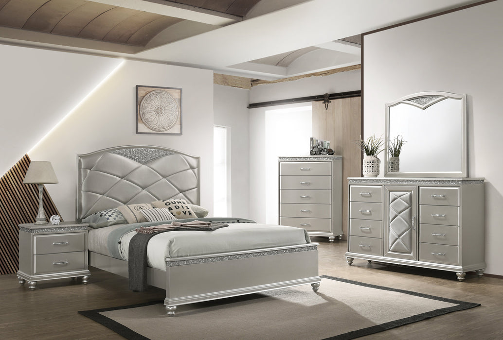 Valiant Champagne Silver Upholstered Panel Bedroom Set