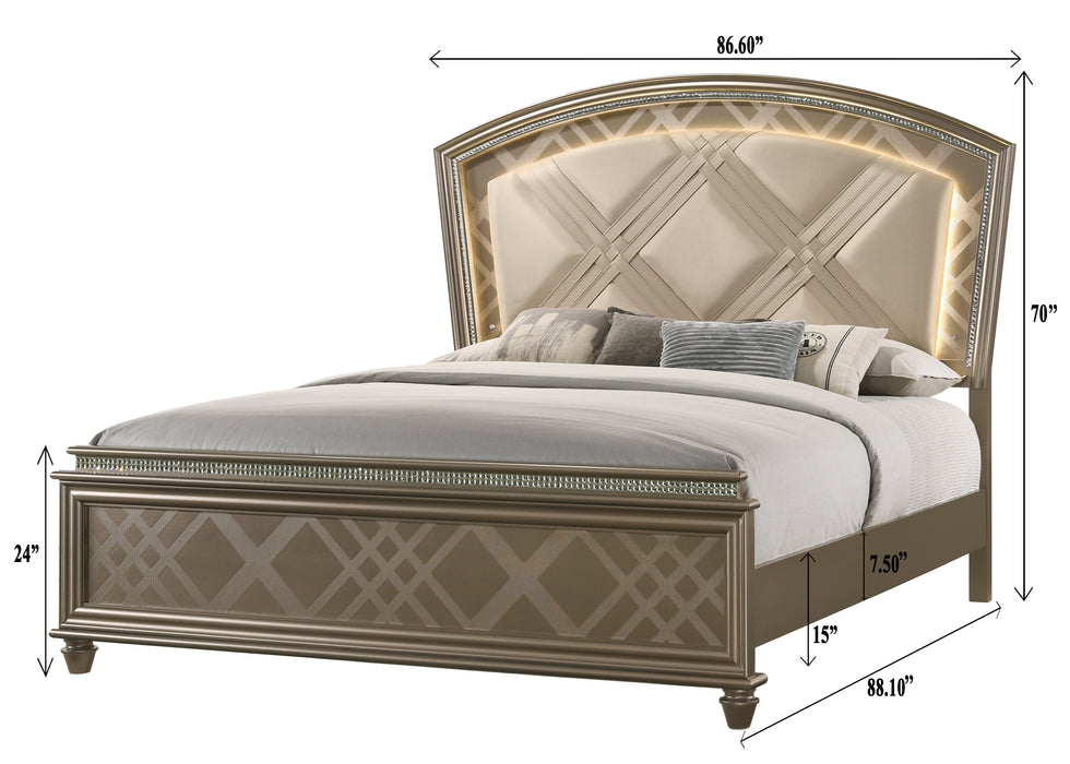 Cristal Gold King LED Upholstered Panel Bed