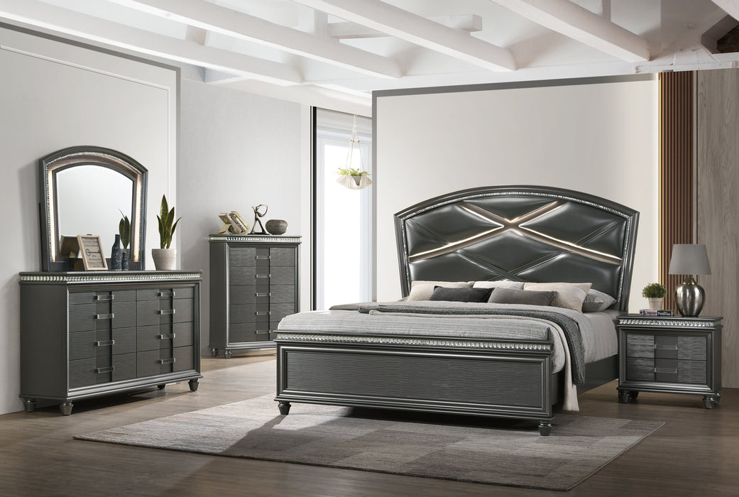 Adira Gray Queen LED Upholstered Panel Bed