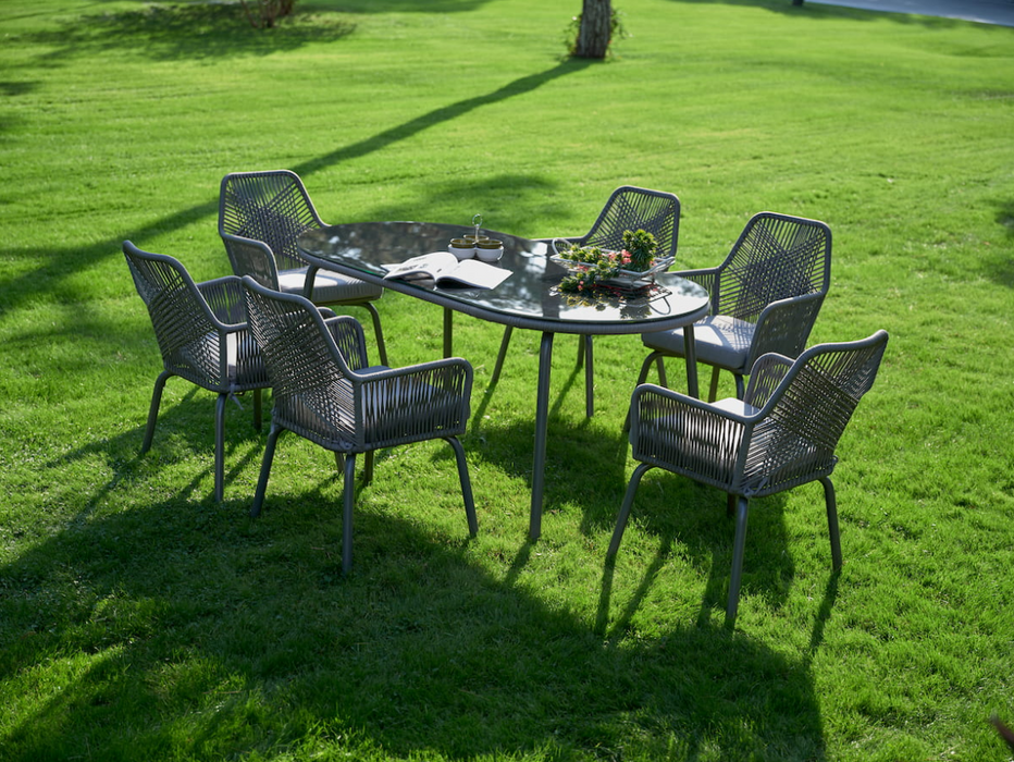Minosa Met Grey 7Pcs Outdoor Dining Set W/6 Chair &1 Oval Table