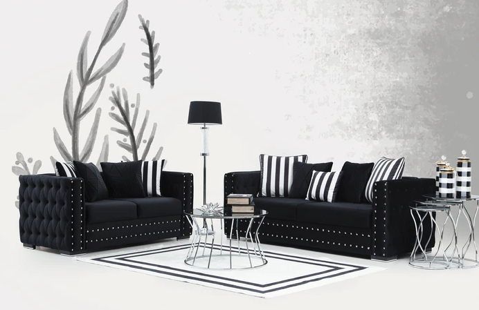 Mosby Black Velvet Sofa & Loveseat Living Room Set