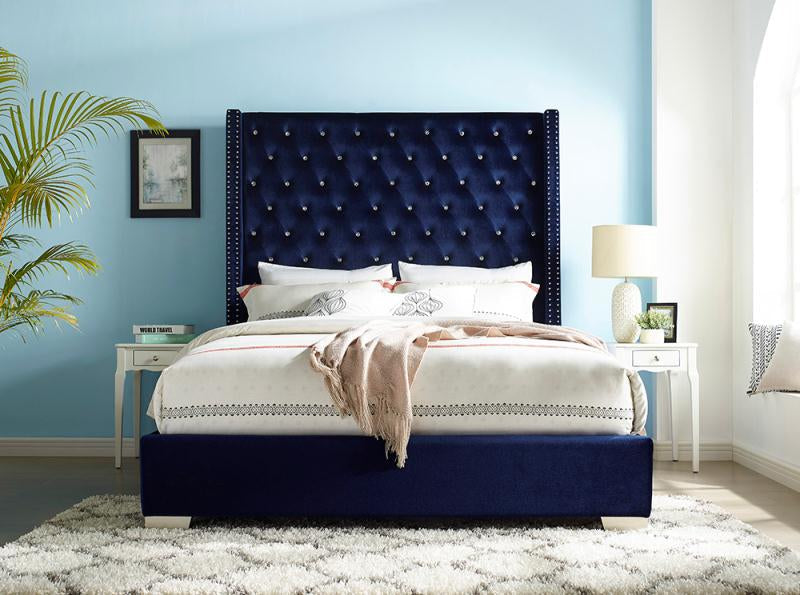 Franco Blue Velvet King Upholstered Bed