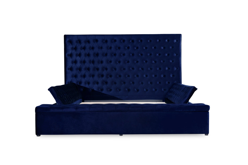 Prague Blue Velvet King Upholstered Storage Platform Bed