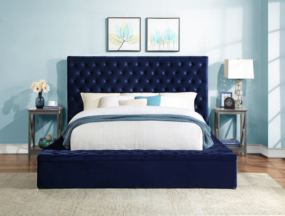 Prague Blue Velvet King Upholstered Storage Platform Bed