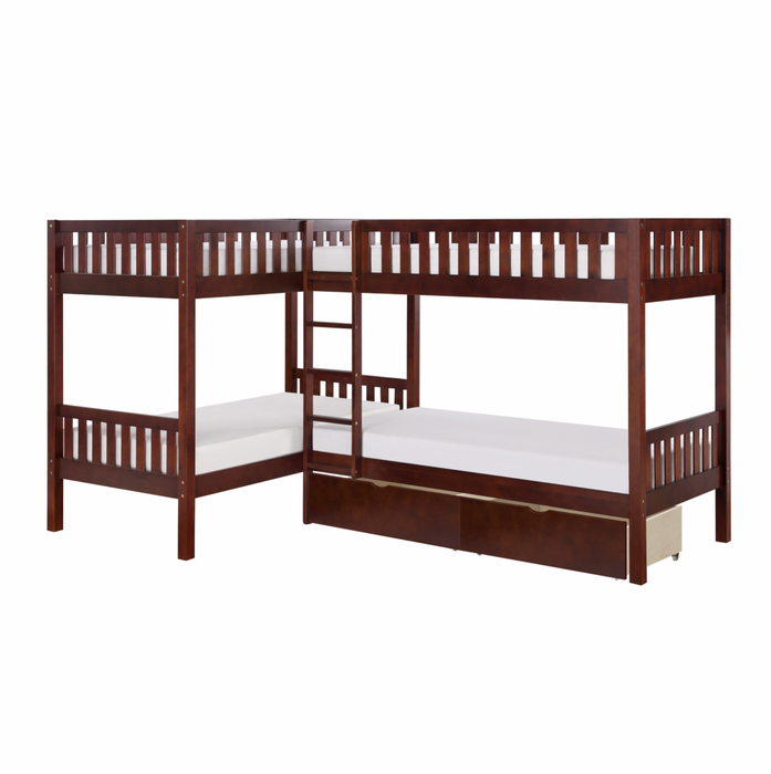 Rowe Dark Cherry Twin Corner Bunk Bed with Storage Boxes