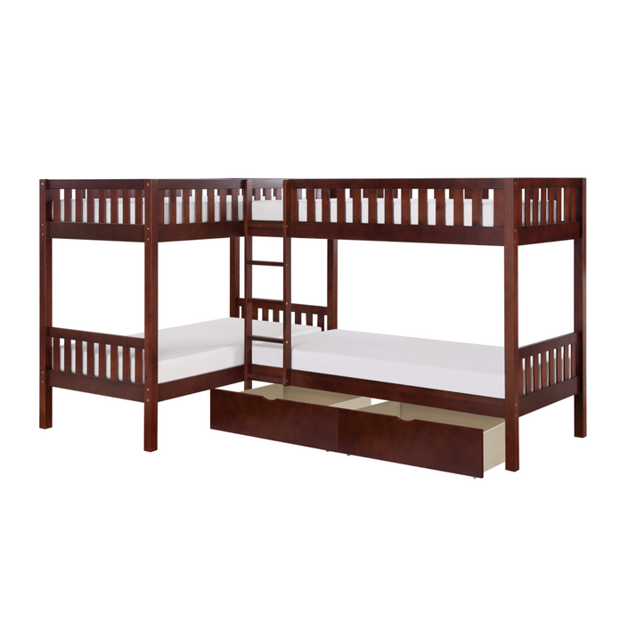 Rowe Dark Cherry Twin Corner Bunk Bed with Storage Boxes