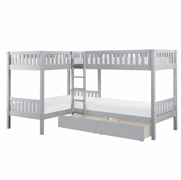 Orion Gray Twin Corner Bunk Bed with Storage Boxes