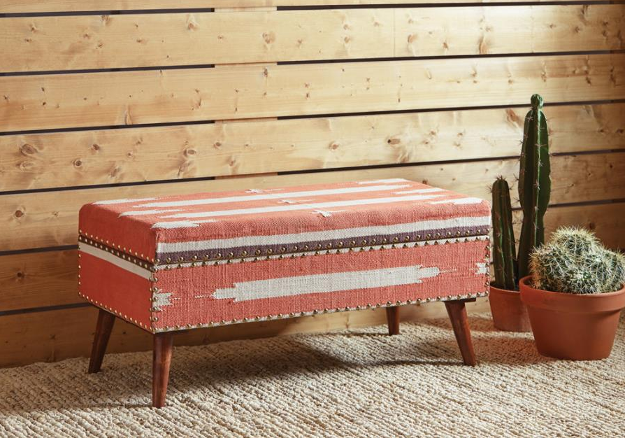 Upholstered Storage Bench Orange And Beige