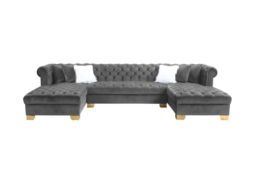 Ari Gray Velvet Double Chaise Sectional With Gold Legs