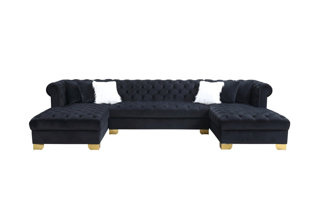 Ari Black Velvet Double Chaise Sectional With Gold Legs