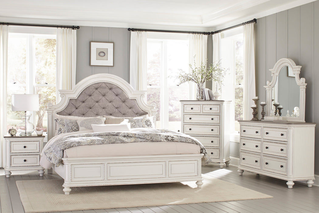 Baylesford Antique White Queen Upholstered Panel Bed