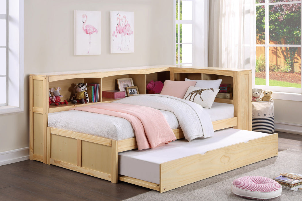 Bartly Pine Twin Bookcase Corner Bed with Twin Trundle