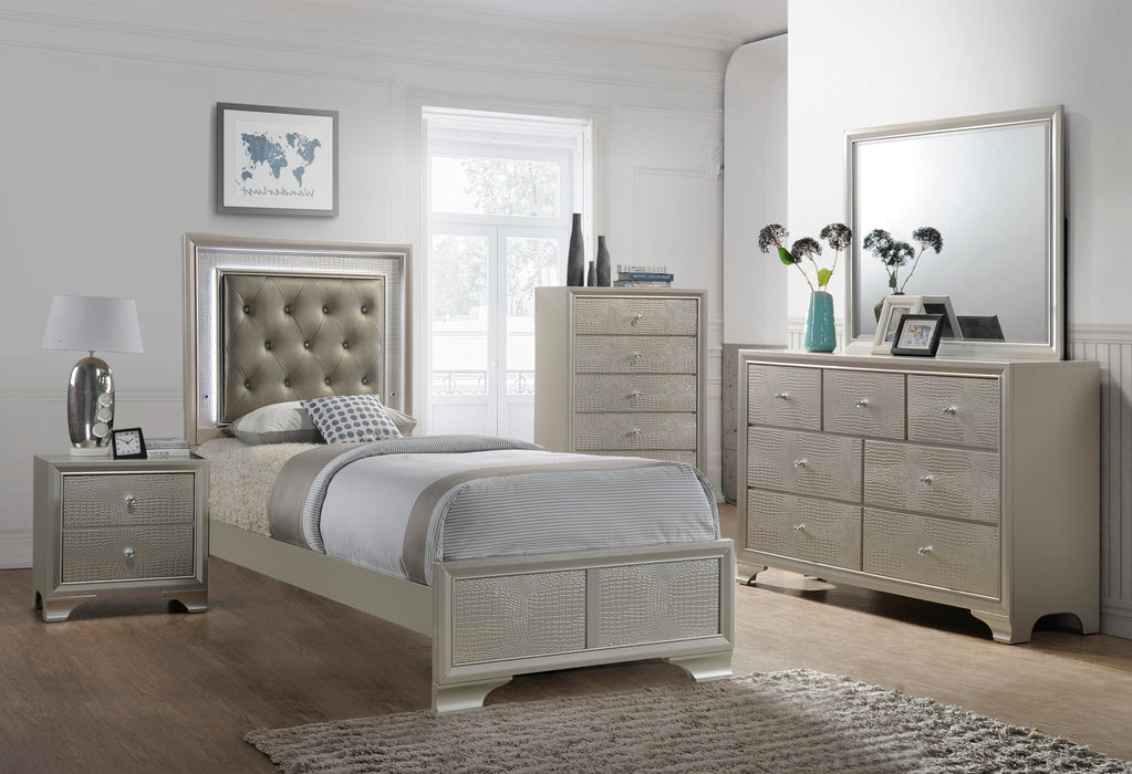 Lyssa Champagne Twin LED Upholstered Panel Bed