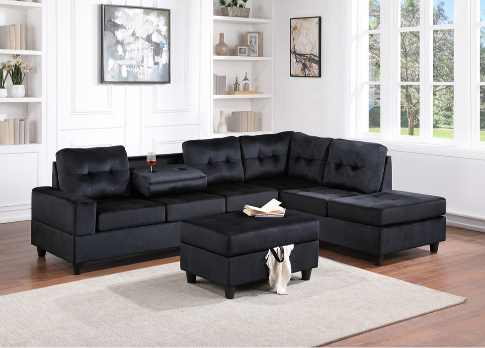 Heights Black Velvet Reversible Sectional with Storage Ottoman