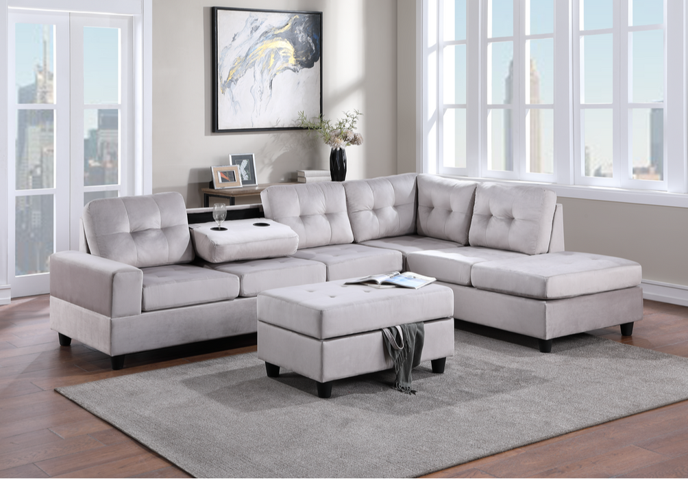 Heights Silver Velvet Reversible Sectional with Storage Ottoman