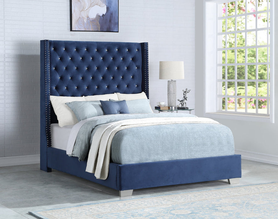 Diamond Tufted Velvet Blue 6 FT Queen Bed