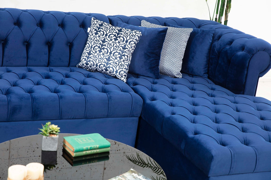 Luxen Velvet Blue RAF Chaise Sectional